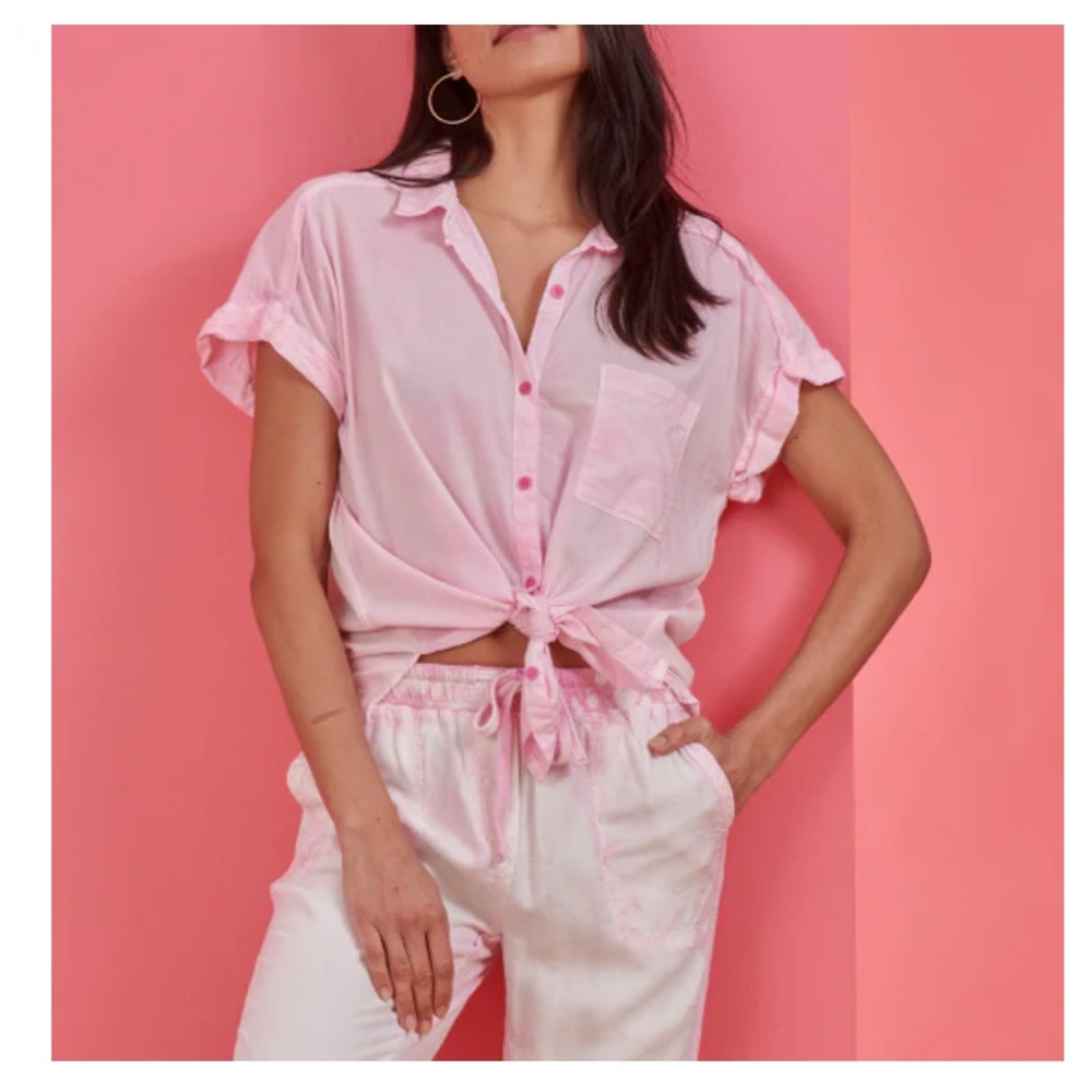 Splendid Pink Flutter Sleeve Tie Front Button Down Shirt Size Small
